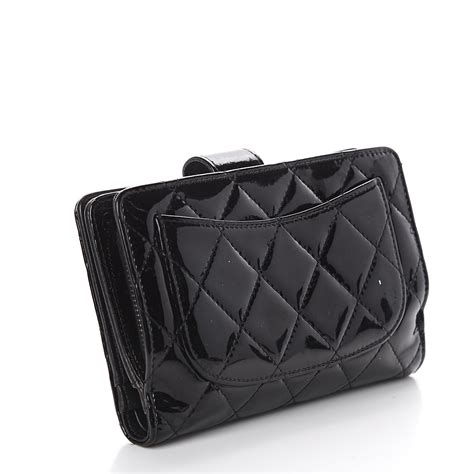 CHANEL Patent Quilted Zip Pocket Wallet Black 